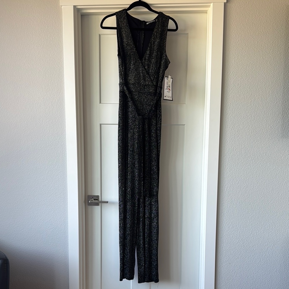 Crystal Doll Black and Silver Wrap-Style Jumpsuit